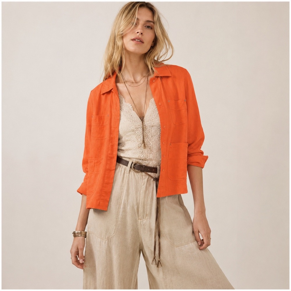 Chadwicks Linen Utility Jacket Shacket Womens 8P Orange Coastal Summer Chic